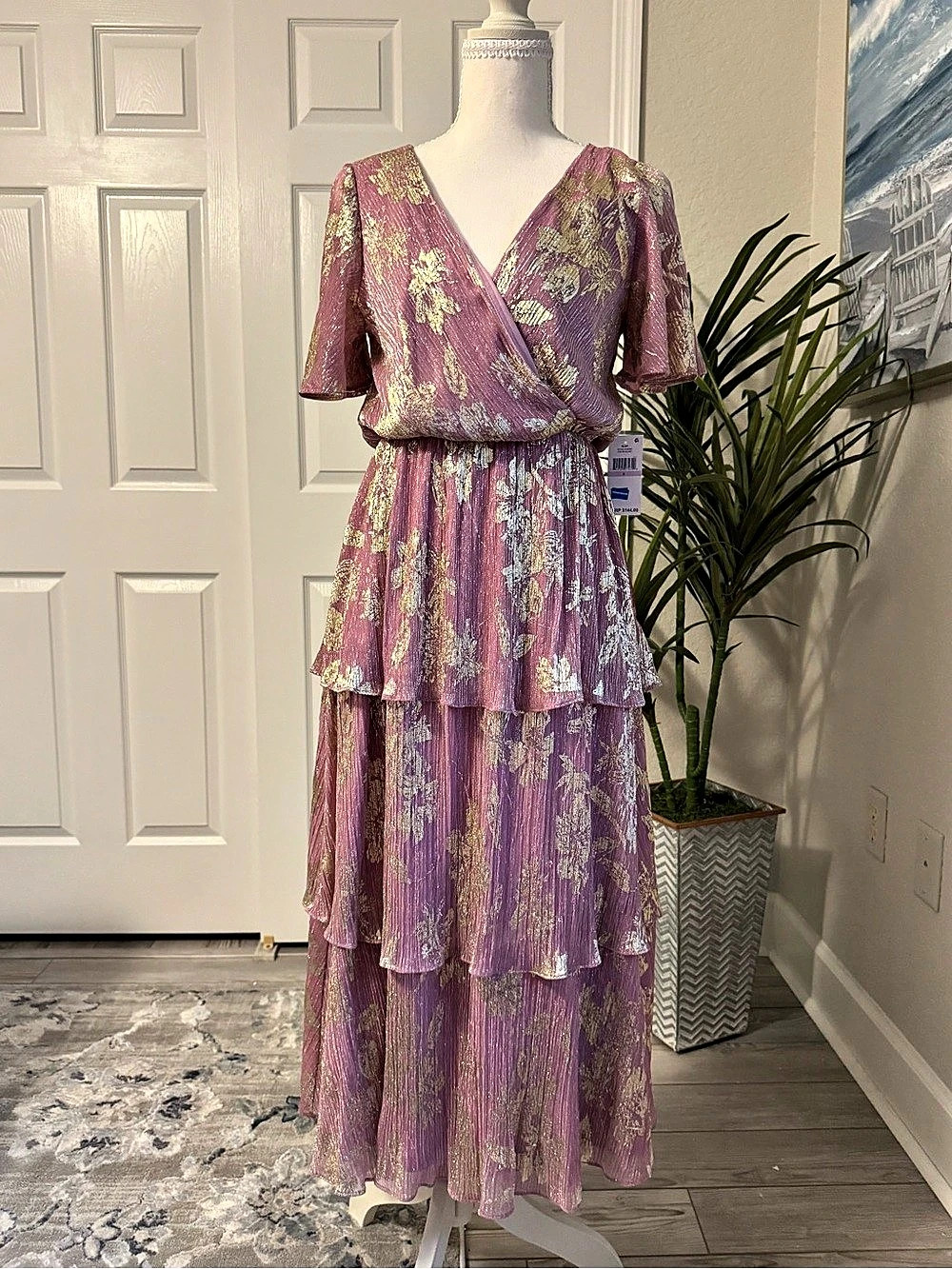SLNY Foil Printed Flutter Sleeves A-line Dress Pink & Gold Size 6